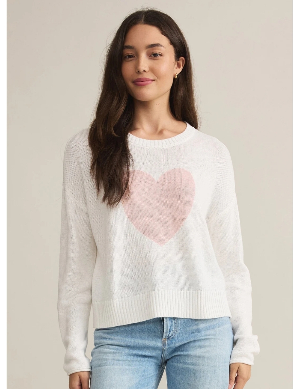 Z Supply Sienna White Sweater with Pink Heart - Women's Pullover L